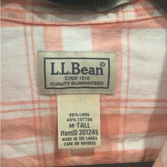 L.l.bean button up shirt womens sz M Tall linen fall pumpkin orange white plaid - Picture 2 of 6